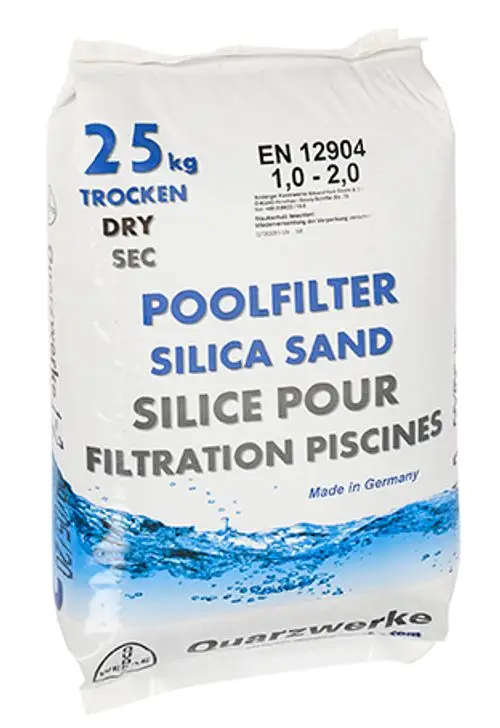 Weiße Verpackung mit blauen und grauen Schriftzügen, die Quarzsand für die Filterung in Schwimmbädern beschreibt. Marke: Grünbeck. Informationen zur Körnung sind aufgeführt.